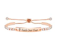 Laser Carved Faith Over Wear Stainless Steel Adjustable Bracelet, Women's Tennis Bracelet,Religious Cross Faith Bracelets Women Birthday GiftY4390, Adjustable, Stainless Steel, Cubic Zirconia