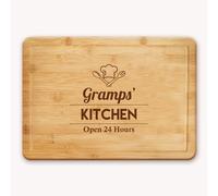 Laser Engraved Bamboo Chopping Board for Grandad, Cheese Board, Cutting Board with a Chef Hat and The Wording Gramp's Kitchen Open 24 Hours