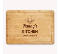 Laser Engraved Bamboo Chopping Board for Nana, Cheese Board, Cutting Board with a Chef Hat and The Wording Nanny's Kitchen Open 24 Hours