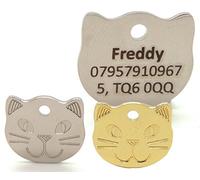 Laser Engraved Cat Face Pet Tags, BOLD CONTRASTING TEXT, 22mm Gold or Silver Cat ID Tags. Personalised with Horizontal ext. (Gold)