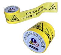 LASER IN PROGRESS DO NOT ENTER non-adhesive plastic barrier tape. 100% recyclable. Hazard warning cordon tape. Handy 20M roll