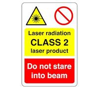 Laser radiation class 2 sign - 1.2mm Rigid plastic for indoor/outdoor usage (300mm x 200mm) Viewing Distance within 7m.