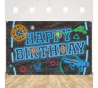 Laser Tag Gun Happy Birthday Backdrops Banner Gaming Backgrounds for Boys Kids Birthday Decorations Neon Glow Party Photography Props