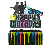 Laser Tag Happy Birthday Cake Topper Black Glitter Neon Shooting Game Themed for Kids Boys Men Birthday Party Supplies