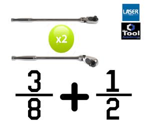 Laser Tools 2x Ratchet Ratchets Flexi Head Extra Long 3/8 Drive + 1/2 Drive