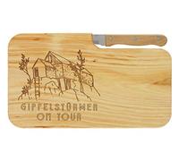 LASERHELD Wooden Bread Board with Engraving "Gipfelstürmer on Tour" and Knife, 26 x 15 cm, Breakfast Board, Wooden Chopping Board, Snack Board, Gift for Hikers and Mountain Lovers for Father's Day