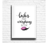 Lashes make everything better Print, Pink Fashion Wall Art Posters Designer Bag Shoes Book Makeup Poster Gallery Art Print Picture Home Decor- A3, A4 Size frame options (A4 Framed (White))