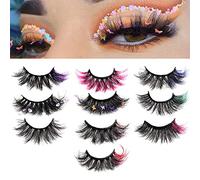 Lashes with Color on End Set, 6D Long Fluffy Faux Mink False Eyelashes with Rhinestone, Dramatic Butterfly Lashes Halloween Cosplay Masquerade Party Daily Eye Makeup Tools (Mix Colored 10 Pairs)