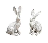 LASIEYO 2pcs Realistic Sitting Hare, Antique-Finished White Resin Rabbit Garden Ornament with Crackled and Flaking Texture, Vintage Art Style Decoration, Christmas and Halloween Front Yard Accent