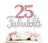 LASKYER 25 & Fabulous Peach Red & Silver Rhinestone Cake Topper - Happy 25th Birthday Cheers to 25 Years Old Bday Party Metal Sparkly Food Centerpieces Topper Decorations Keepsake.
