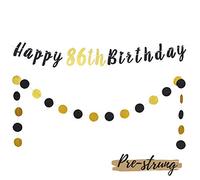 LASKYER 86th Birthday Decoration Set - Happy 86th Birthday Banner with Black & Gold Glitter Circle Dots Cheers to 86 Years Old Birthday Party Decorations.[Pre - Strung]