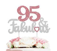 LASKYER 95 & Fabulous Peach Red & Silver Rhinestone Cake Topper - Happy 95th Birthday Cheers to 95 Years Old Bday Party Metal Sparkly Food Centerpieces Topper Decorations Keepsake.