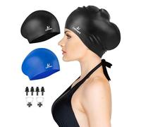 Lasmare Long Hair Swimming Cap Women 2 Pack, Silicone Swimming Hat for Unisex Adult Women Men with Ear Plugs & Nose Clip Set, Waterproof Adult Swim Cap Bathing Caps to Keep Hair Dry(Black+Blue)