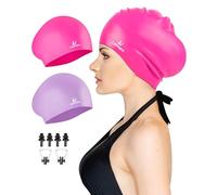 Lasmare Long Hair Swimming Cap Women 2 Pack, Silicone Swimming Hat for Unisex Adult Women Men with Ear Plugs & Nose Clip Set, Waterproof Adult Swim Cap Bathing Caps to Keep Hair Dry(Rose Red+Purple)