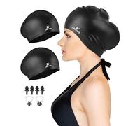 Lasmare Long Hair Swimming Cap Women 2 Pack, Silicone Swimming Hat for Unisex Adult Women Men with Ear Plugs & Nose Clip Set, Waterproof Adult Swim Cap Bathing Caps to Keep Hair Dry(Black+Black)