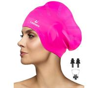 Lasmare Silicone Swimming Cap with 3D Ear Protection (Rose Red) - Waterproof Bathing Hat for Women & Men