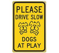 LASMINE Please Drive Slow - Dogs at Play Sign, 8" X 12" Tinplate, Rustic Style, Multi Color, Wall Mount, Safety Sign for Traffic, Home/Garden Decor