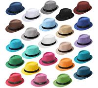 Lasnten 24 Pcs Fedora Style Hat Bulk Men 1920s Gangster Short Brim Panama Cap Women Party Costume, Circumference 60 cm, Colorful