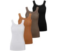Lasnten 3 Pieces Lace Camisole Tank Tops for Women Ribbed Cami Top Lace Cami Undershirt Lace Patchwork Tank Lace Trim Cami, Black, White, Chocolate, Coffee, L