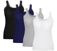 Lasnten 4 Pieces Lace Camisole Tank Tops for Women Ribbed Cami Top Lacework Undershirt Patchwork Tank Lace Trim Cami, Black, White, Navy, Gray, M