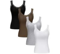 Lasnten 4 Pieces Lace Camisole Tank Tops for Women Ribbed Cami Top Lacework Undershirt Patchwork Tank Lace Trim Cami, Black,White,Grey,Brown, L