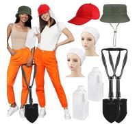 Lasnten 8 Pcs Juvenile Prisoner Halloween Costume Include Foldable Shovel, Red Baseball Cap, Green Bucket Hat, 2 Liters Plastic Bottle, Square Towel for Halloween Jail Inmates Dress up