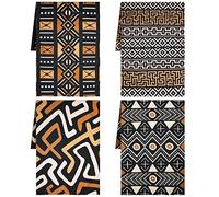 Lasnten African Mudcloth Hand Towels Set of 4 Brown Geometric Ethnic Decor Kuba Tribal Mud Cloth Boho Decorative Native African Tea Dish Towels for Kitchen, 4 Patterns (African Boho Style)