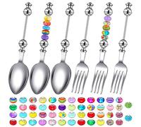 Lasnten Beadable Spoon Fork Set with 50 Assorted Large Hole Beads Stainless Steel Spoons and Forks Set 3 Cute Spoons 3 Dinner Forks Bead Spoon Desert Spoon for Party Favors DIY Project Bead Project