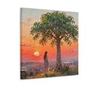 LASOQUAN The Girl Leading The Dog Under The Twilight Tree Poster Decorative Painting Canvas Wall Posters And Art Picture Print Modern Family Bedroom Decor Posters 16x16inch(40x40cm)