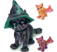 Laspi 3D Printed Cat with Witch Hat - Flexible Articulated Animal, Removable Hat, Ideal for Halloween Desk Décor or Gifts (Dark Green)