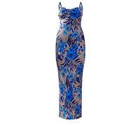 LASPIA Cowl Neck Dress Sexy Strap Shoulder Pleated Maxi Dresses Summer Wedding Guest Dresses for Women, Blue, XL