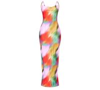 LASPIA Cowl Neck Dress Sexy Strap Shoulder Pleated Maxi Dresses Summer Wedding Guest Dresses for Women, Rainbow, L