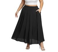 LassDazz Women's Plus Size Double Layers Long Pleated Skirt Elastic High Waist A-Line Tummy Control Versatile Flowy Skirt, Black, 5XL/Plus