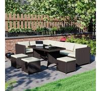 Lassic Vida Designs 9 Seater Rattan Furniture Set With Outdoor L Shaped Sofa, Table And Stools, Brown