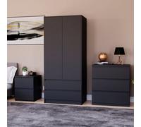 Lassic Vida Designs Denver 3 Piece Bedroom Set - (2 Drawer Large Bedside Chest, 3 Drawer Chest, 2 Door 2 Drawer Wardrobe), Black