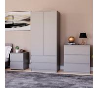 Lassic Vida Designs Denver 3 Piece Bedroom Set - (2 Drawer Large Bedside Chest, 3 Drawer Chest, 2 Door 2 Drawer Wardrobe), Grey