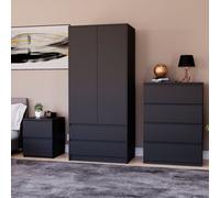 Lassic Vida Designs Denver 3 Piece Bedroom Set - (2 Drawer Large Bedside Chest, 4 Drawer Chest, 2 Door 2 Drawer Wardrobe), Black