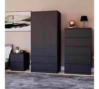 Lassic Vida Designs Denver 3 Piece Bedroom Set - (2 Drawer Large Bedside Chest, 5 Drawer Chest, 2 Door 2 Drawer Wardrobe), Black