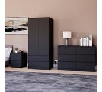 Lassic Vida Designs Denver 3 Piece Bedroom Set - (2 Drawer Large Bedside Chest, 6 Drawer Chest, 2 Door 2 Drawer Wardrobe), Black