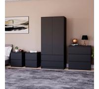 Lassic Vida Designs Denver 4 Piece Bedroom Set - (2 Drawer Large Bedside Chest X2, 3 Drawer Chest, 2 Door 2 Drawer Wardrobe), Black