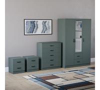 Lassic Vida Designs Riano 4 Piece Bedroom Set (2 Drawer Bedside Chest, 5 Drawer Chest, 3 Door 2 Drawer Mirrored Wardrobe), Green