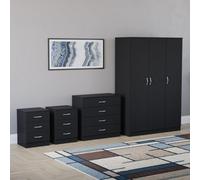 Lassic Vida Designs Riano 4 Piece Bedroom Set (3 Drawer Bedside Chest, 4 Drawer Chest, 3 Door Wardrobe), Black