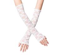 LassZone Women's Half Fingerless Long Lace Gloves White Floral Bridal Fancy Dress Gloves Stretchy Elbow Length UV Protection Arm Sleeve for Wedding Opera Tea Party