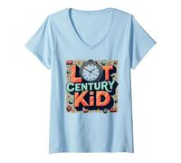 Last Century Kid 1900s Retro Nostalgia Clock Stars Vintage V-Neck T-Shirt, Women, Baby Blue, M