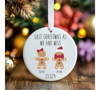 Last Christmas as Mr and Miss Bauble | Ceramic Gingerbread People Christmas Engagement Ornament | Xmas Engaged Decoration Personalised Names (D1 White Ribbon)