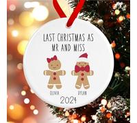 Last Christmas as Mr and Miss Bauble | Ceramic Gingerbread People Christmas Engagement Ornament | Xmas Engaged Decoration Personalised Names (D1 Red Ribbon)