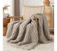 LAST MODA Chunky Knit Blanket Throw, 100% Hand Knit Throw Blanket Handmade Chenille Cable Knit Throw for Couch, Stylish Cozy Soft Rope Knot Crochet Blanket for Home Decor, Beige Linen, 50x60 Inches