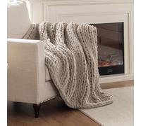 LAST MODA Chunky Knit Blanket Throw, 100% Hand Knit Throw Blanket Handmade Chenille Cable Knit Throw for Couch, Stylish Cozy Soft Rope Knot Crochet Blanket for Home Decor, Beige Linen, 50x60 Inches