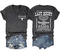 Last Night We Let The Liquor Talk Country Music Tshirt Women Letter Print V-Neck T Shirt Western Bull Skull Tee Tops, Gray, S