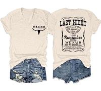 Last Night We Let The Liquor Talk Country Music Tshirt Women Letter Print V-Neck T Shirt Western Bull Skull Tee Tops, Beige, XL